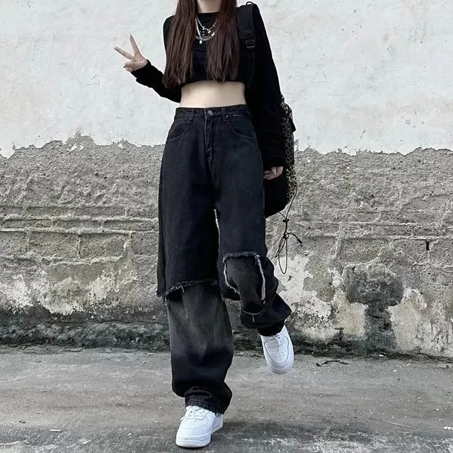 Washed patch straight-leg jeans