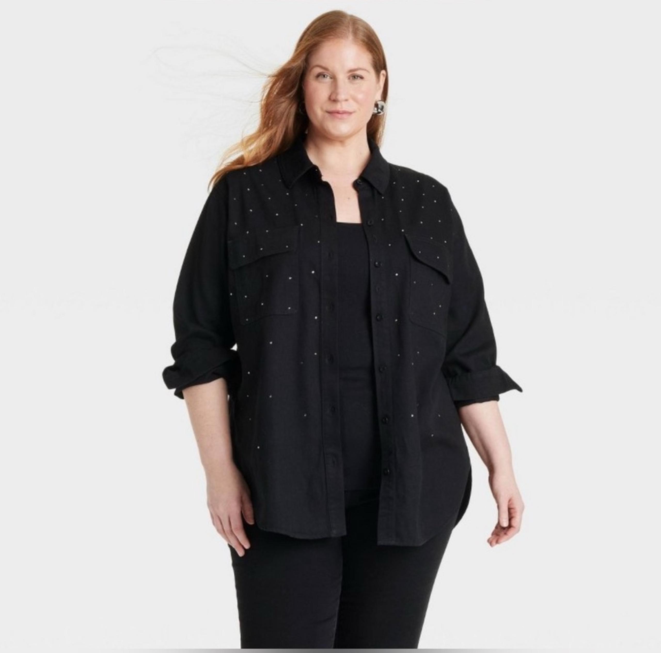 AVA & VIV Plus size 3X women’s long sleeve embellished denim button down shirt ✨