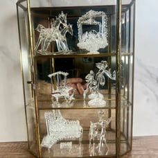 Vintage Brass & Mirror Display Case w/ Spun Glass Hand Blown Figurines x6