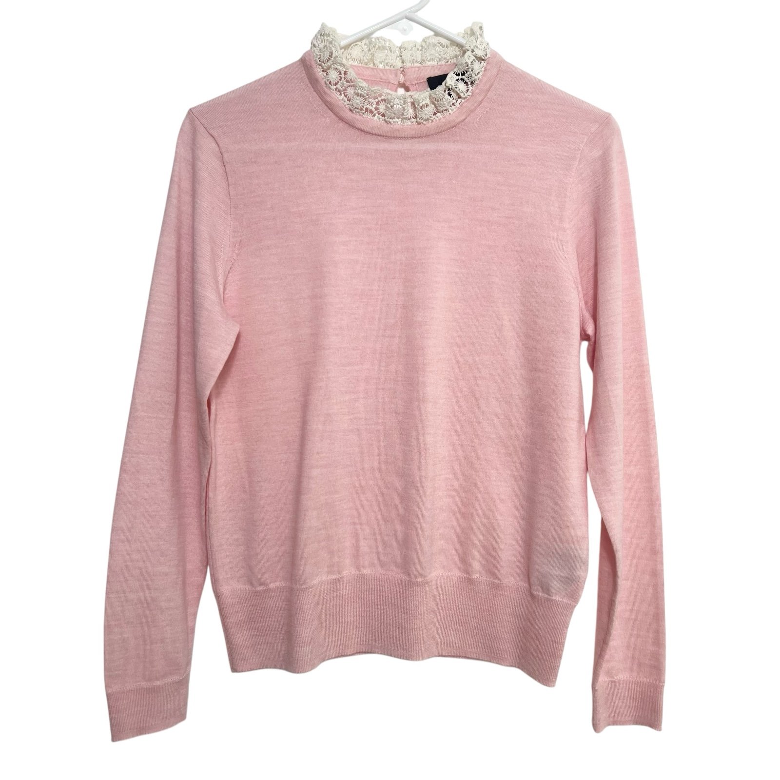 J Crew Sweater Women’s Medium Pink Tippi Merino Wool Lace High Collar Keyhole