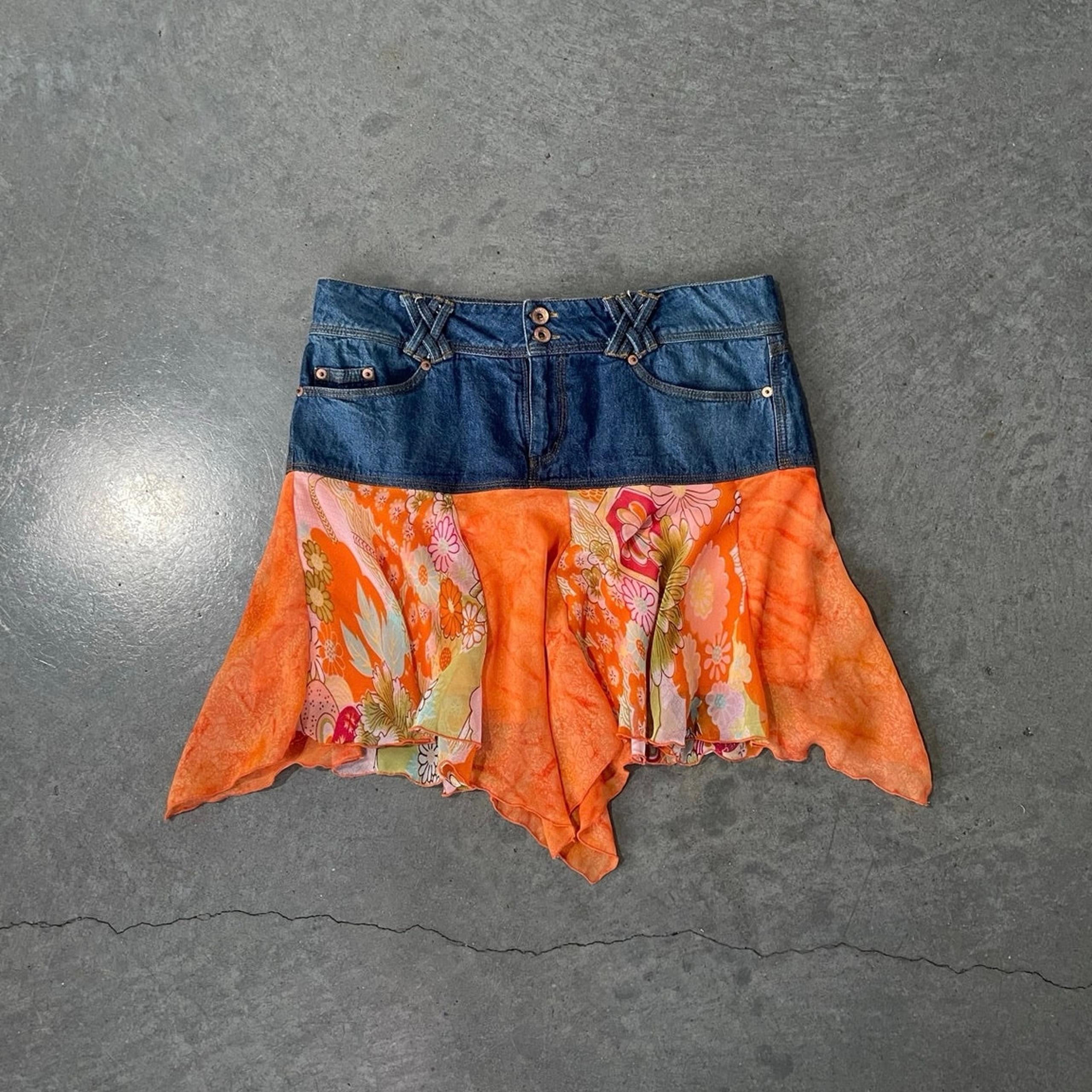 Vintage Y2k Jean Flowy Skirt Orange Floral Size 11 short cunty hot sexy