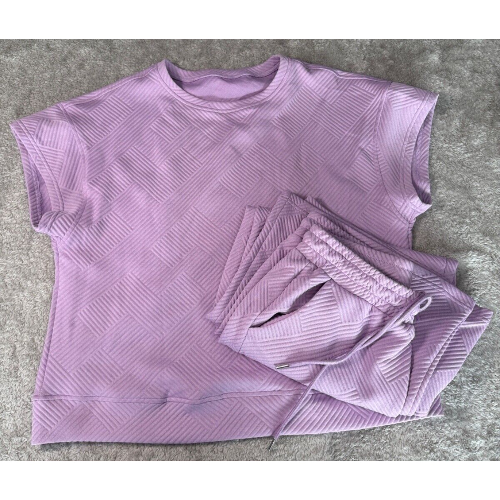 Lilac Purple Geometric Embossed Wide Leg Pants Matching Lounge Set Womens L