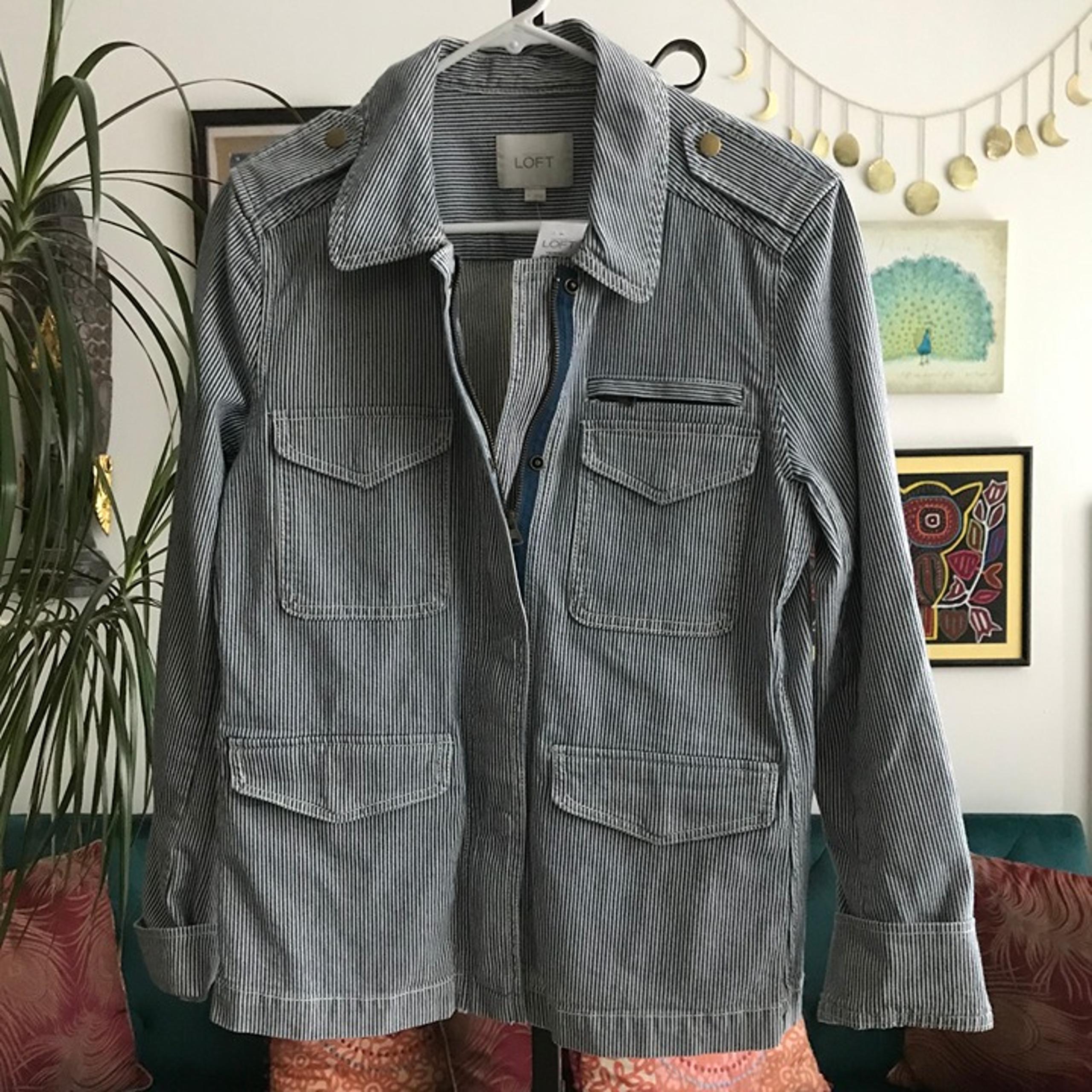 Ann Taylor LOFT size M Blue Railroad Stripe Denim Zip Front Jacket NWT $98