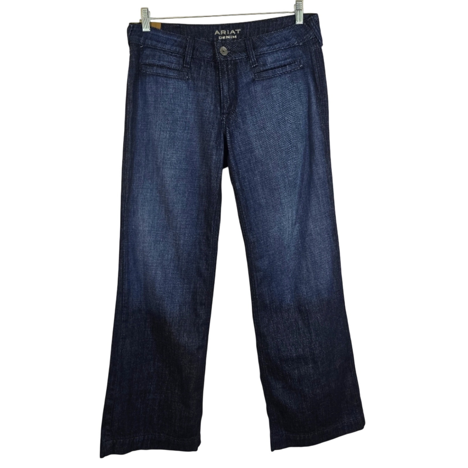 E Ariat Denim Trousers Wide Leg Blue Jeans Women Size 30S Western Boho Dark Wash