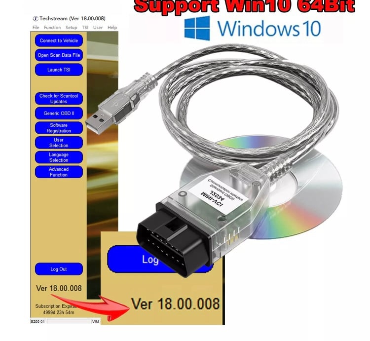 MINI VCI J2534 OBD2 For TOYOTA TIS Techstream Software V18.00.008 diagnostic cod