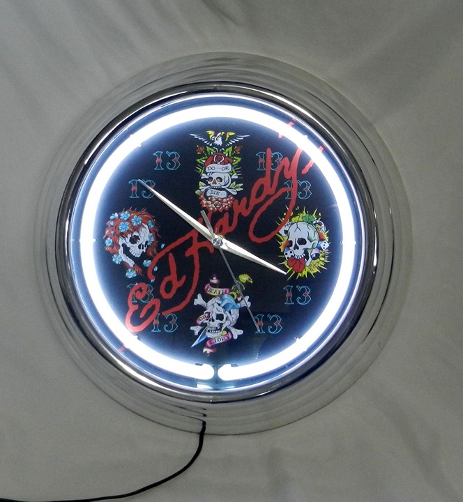 Ed Hardy Neon 14.5 Chrome Wall Clock Do Or Die Death Or Glory Skulls Heart Rare