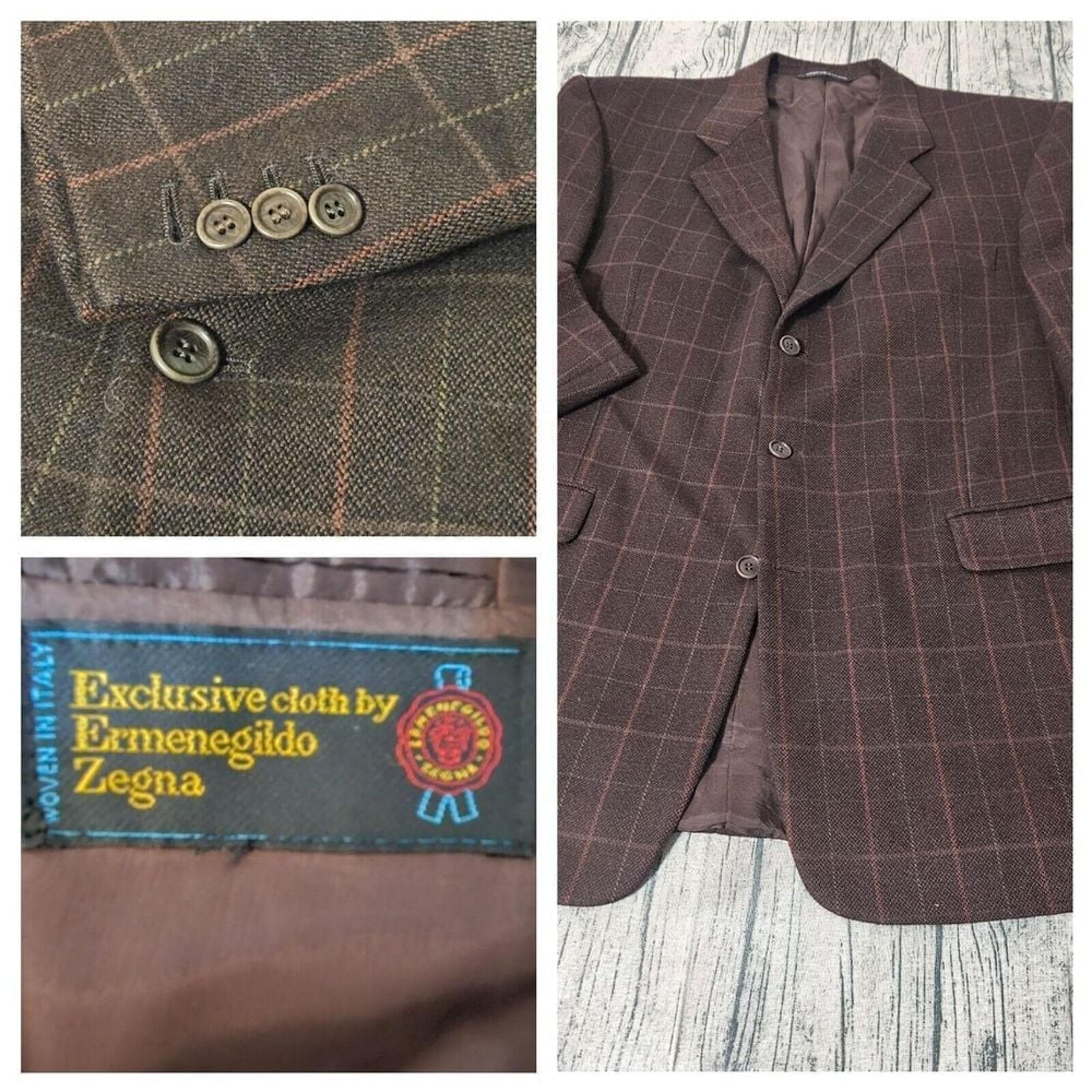 VTG Ermenegildo Zegna 90s men's Brown Plaid Wool Blazer Jacket 44L Suit Coat