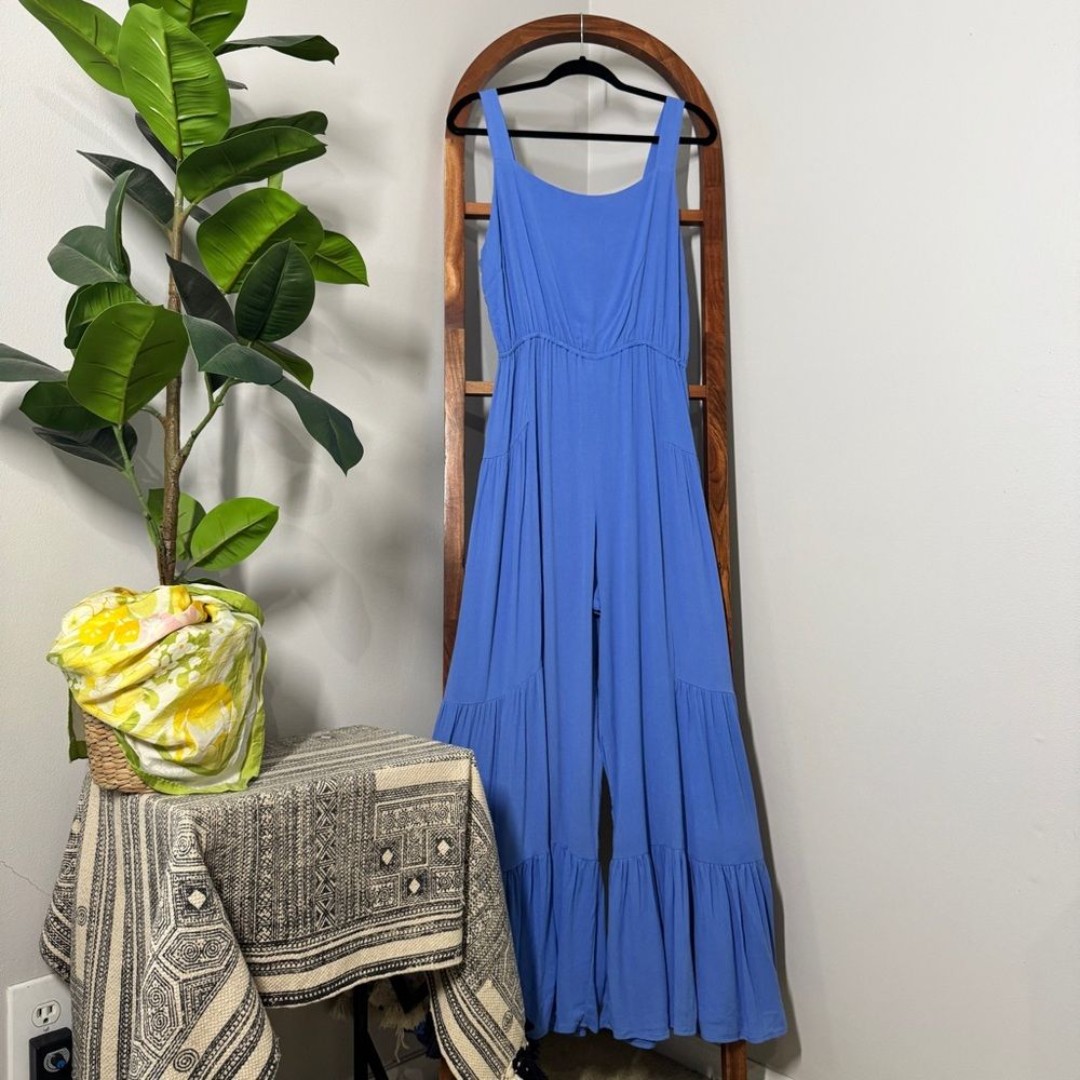 Easel LARGE Blue Square Neck Tiered Wide Leg Jumpsuit NEW