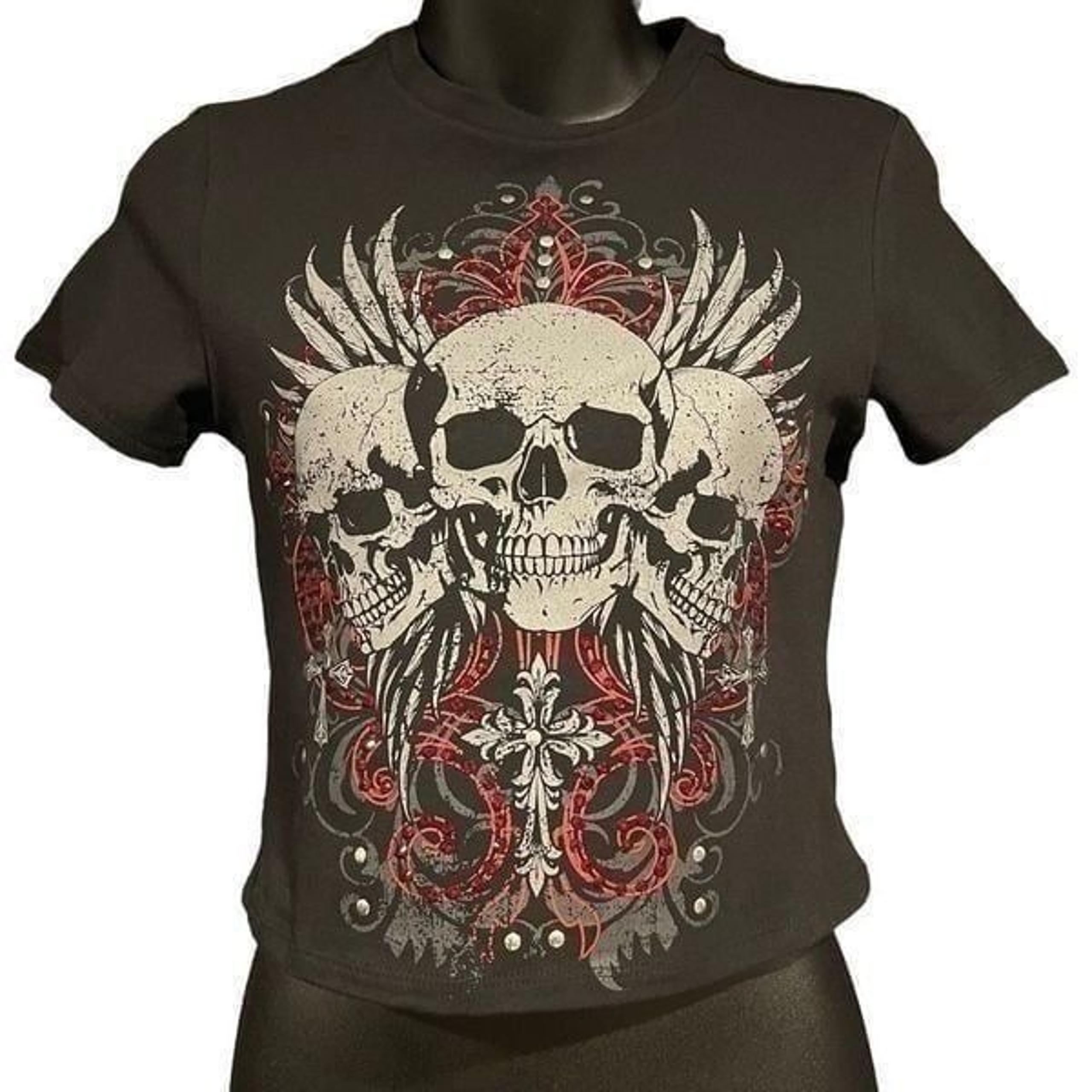 Social Collision Skull Wing Crystal Short Sleeve Crop Top Junior’s XS