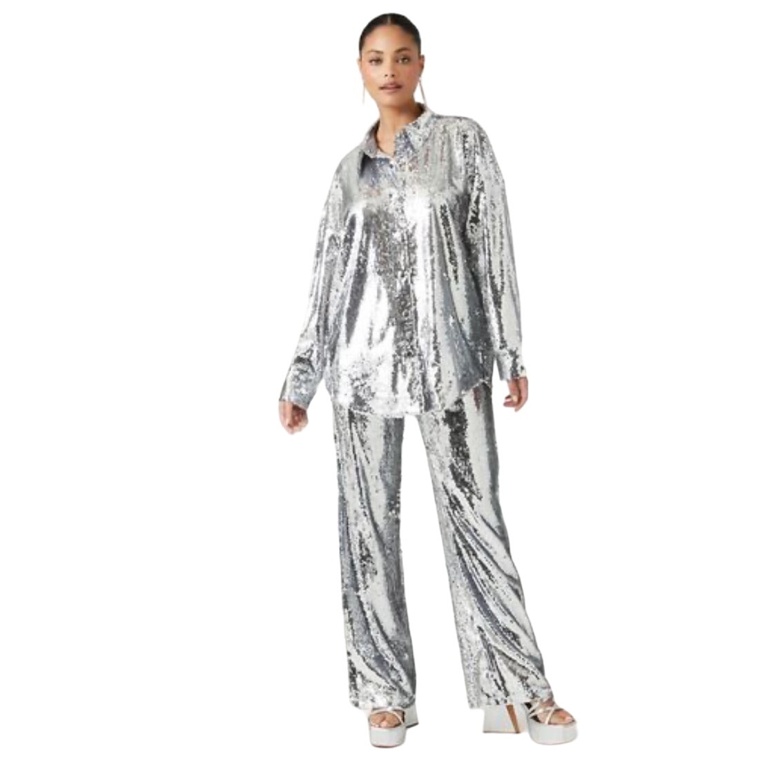 FOREVER 21 Knit Set Sequins Pant Button Down Shirt Wide Leg Small Party Glam NWT