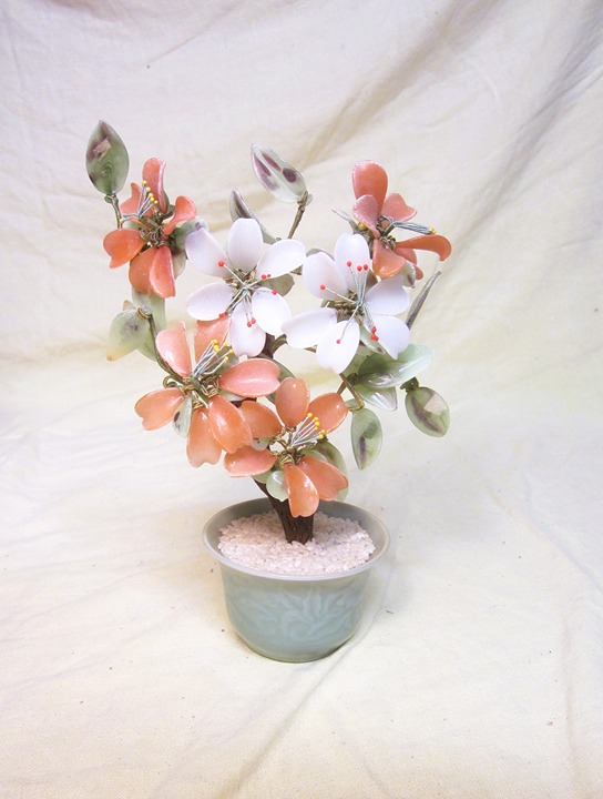 VTG GLASS CHERRY BLOSSOM BONSAI TREE W/JADE COLORED POT