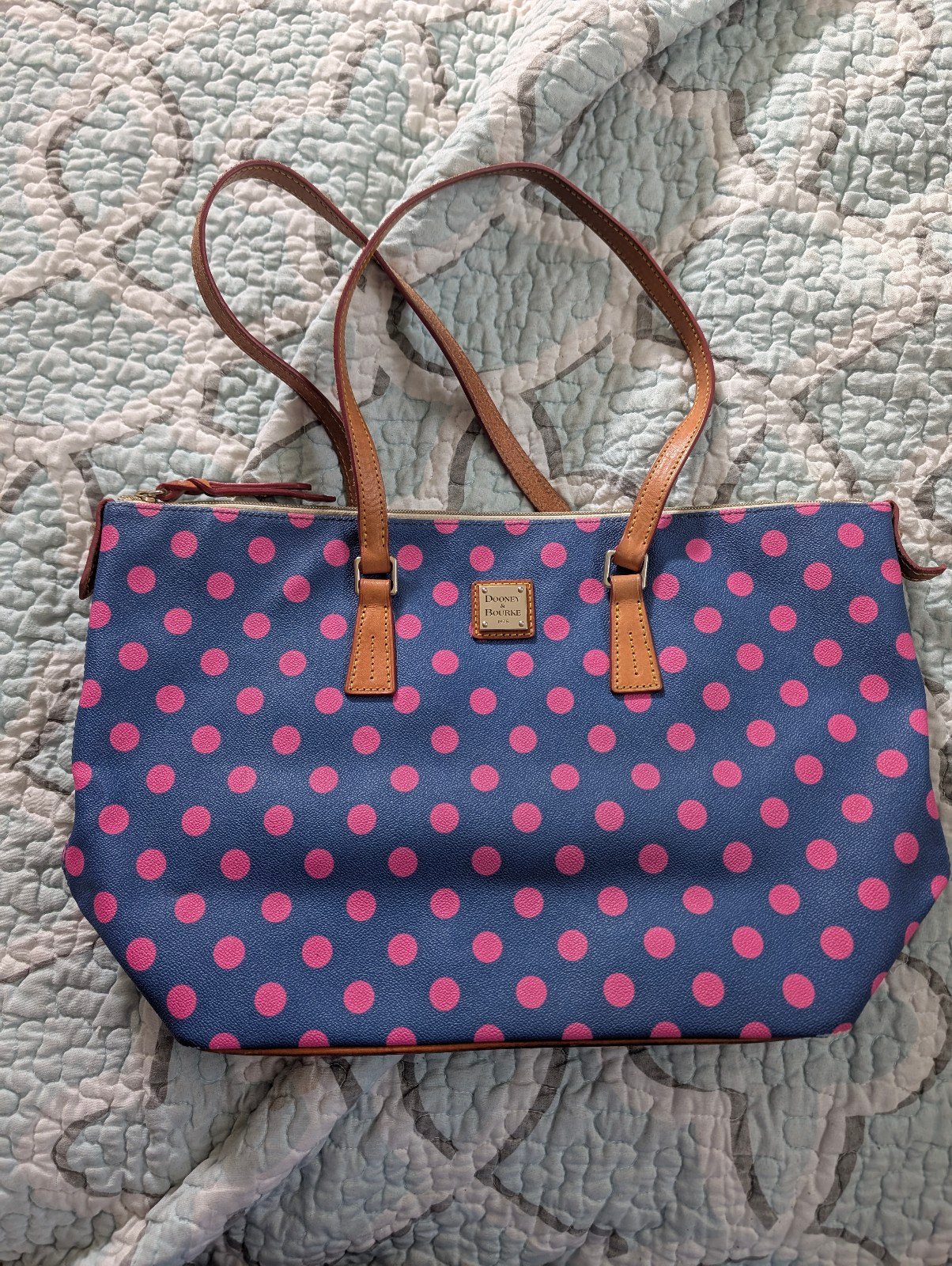 Dooney & Burke Shopper Tote Blue w/Pink Polka Dots
