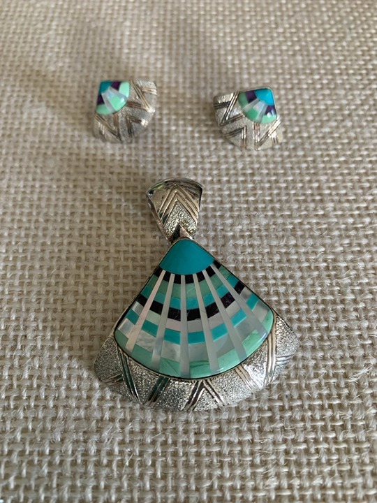 Sincerely Southwest Sterling Silver Inlay Fan Pendant and Earring Set