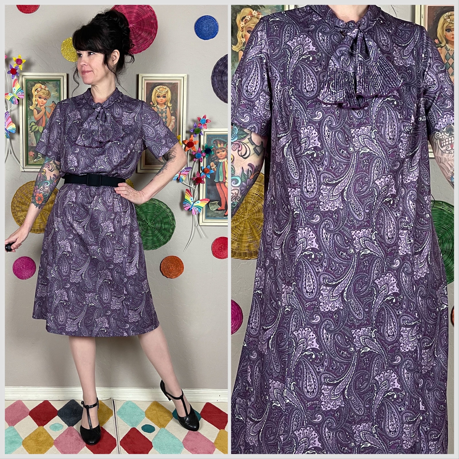 Vintage 1970s Purple Paisley Tie Neck Short Sleeve Shift Dress