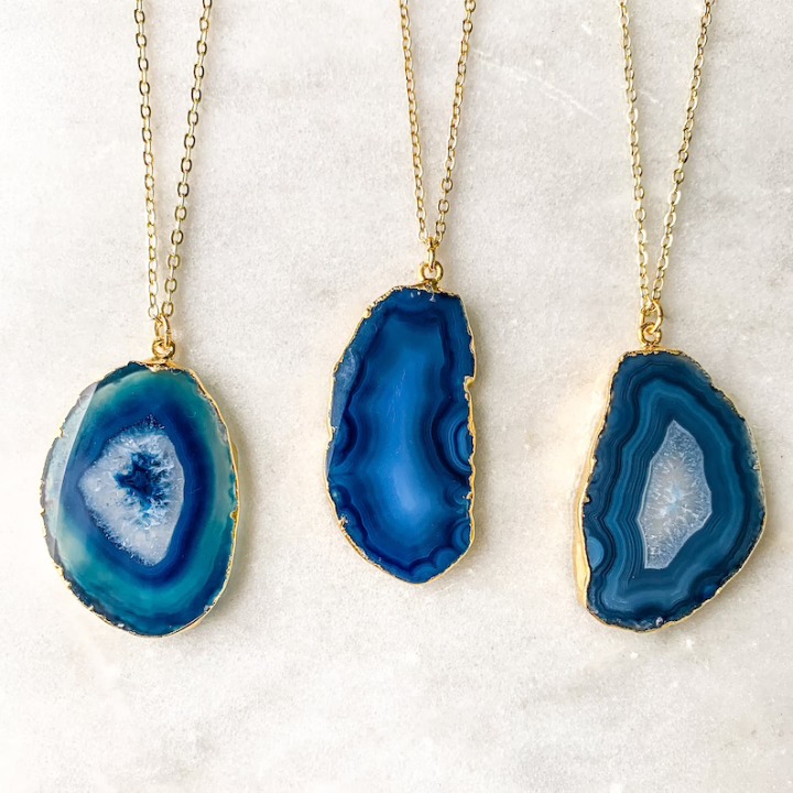 93.4ct Blue Geode Necklace - Agate Pendant Agate Slice Jewelry Slice Quartz Crys
