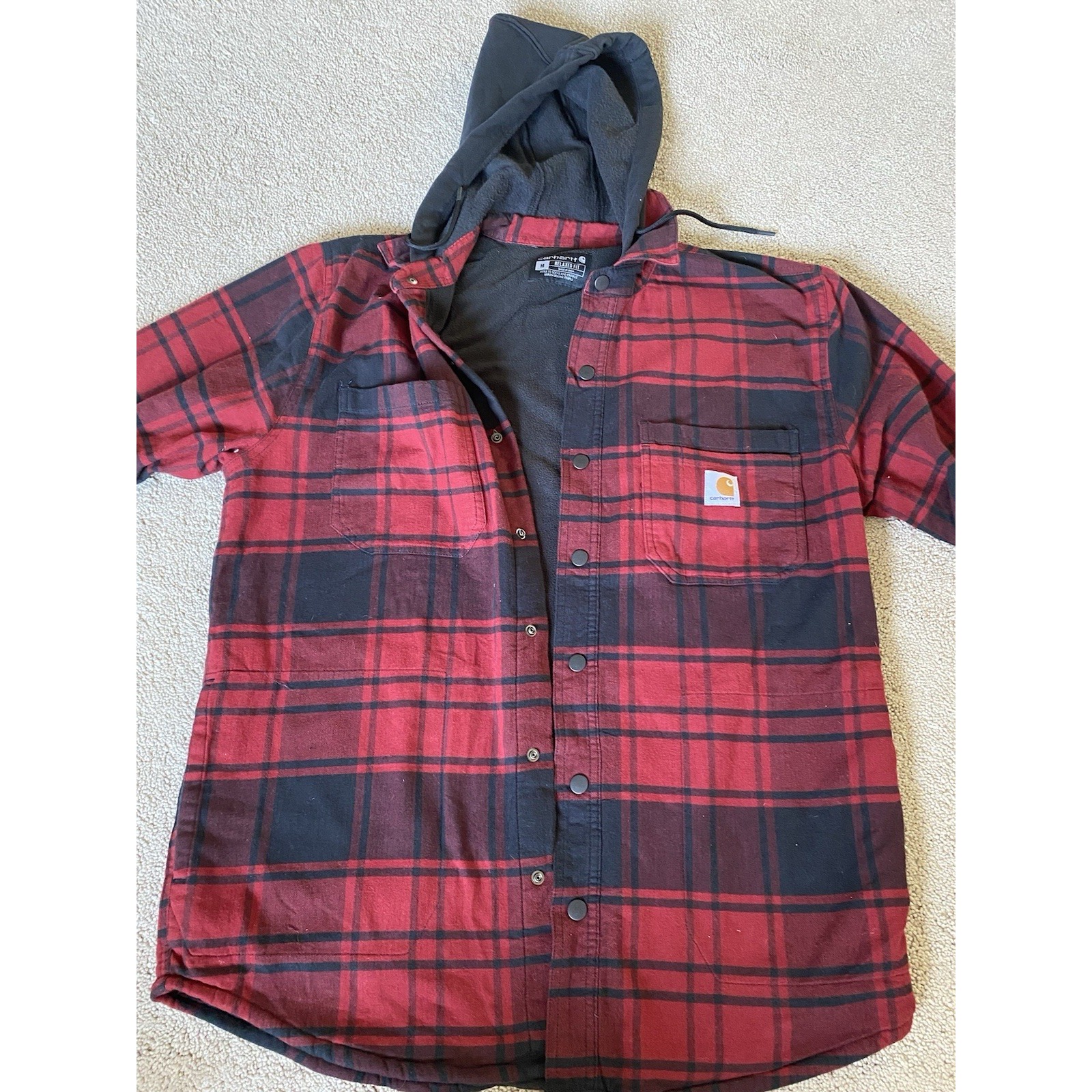CARHARTT RELAXED FIT FLANNEL FLEECE LINED HOODED SHACKET SHIRT JACKET medium