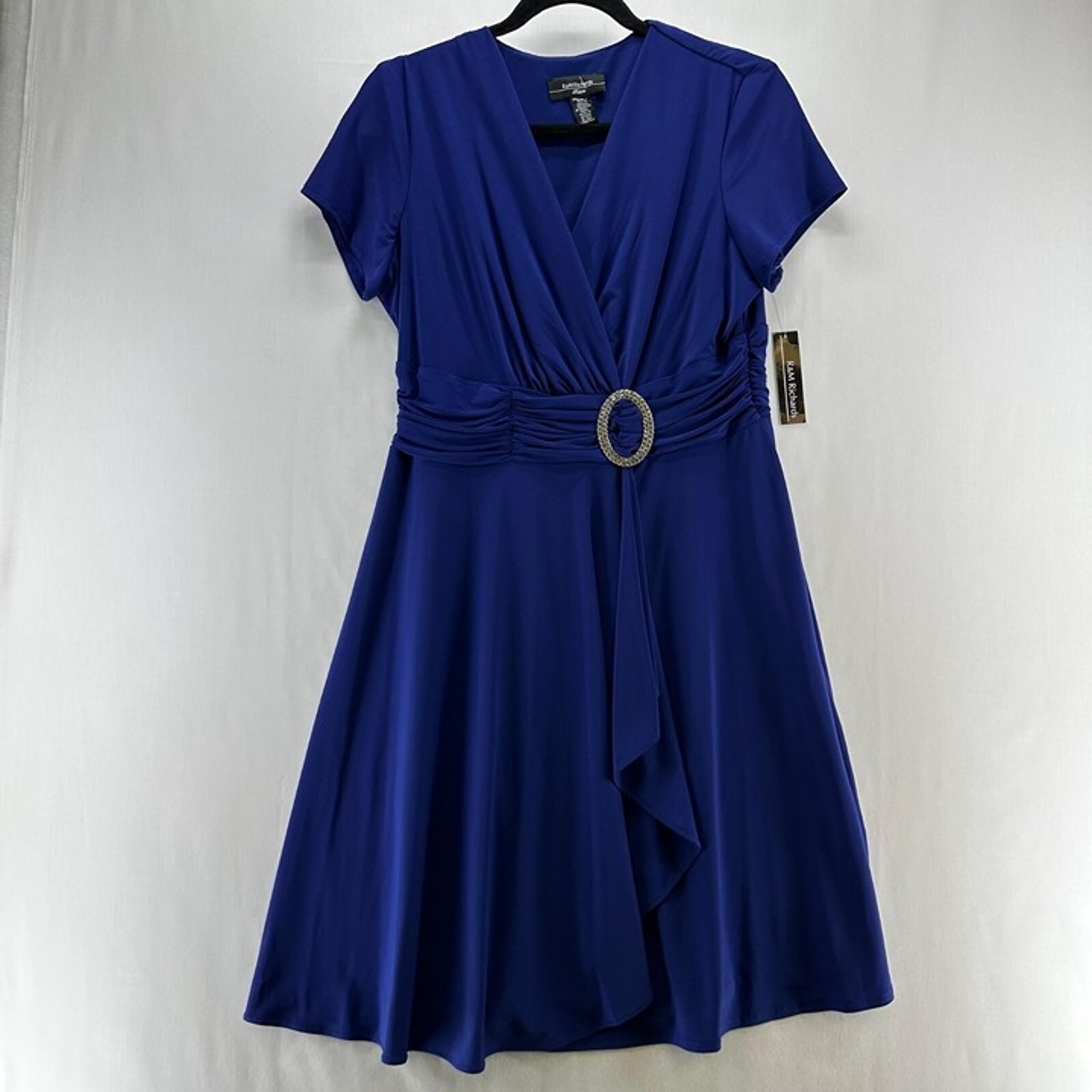 R&M Richards Dress Petite 10P Faux Wrap Cocktail Knee Length Short Sleeves Blue