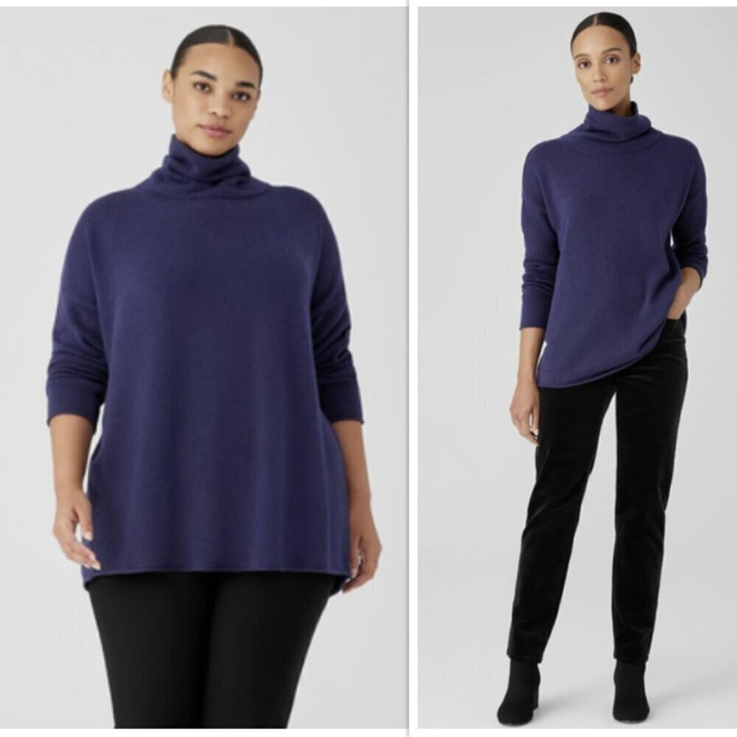 Eileen Fisher Recycled Cashmere Cotton Turtleneck Long Sweater XL Navy NEW
