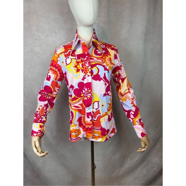 Vintage 1970s Plus Size Psychedelic Blouse Dagger Collar Top Mod MCM Disco L XL