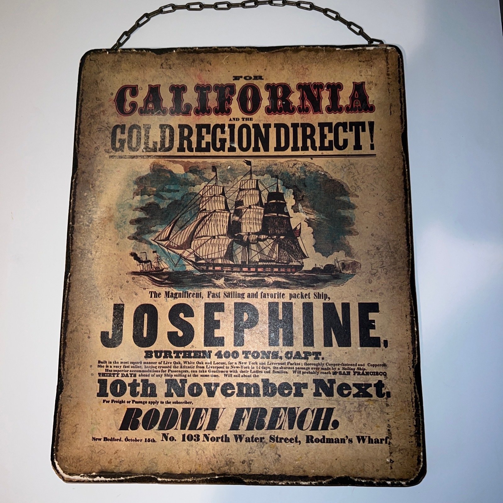 Vintage Nautical Packet Ship Josephine California Wood Plaque Sign