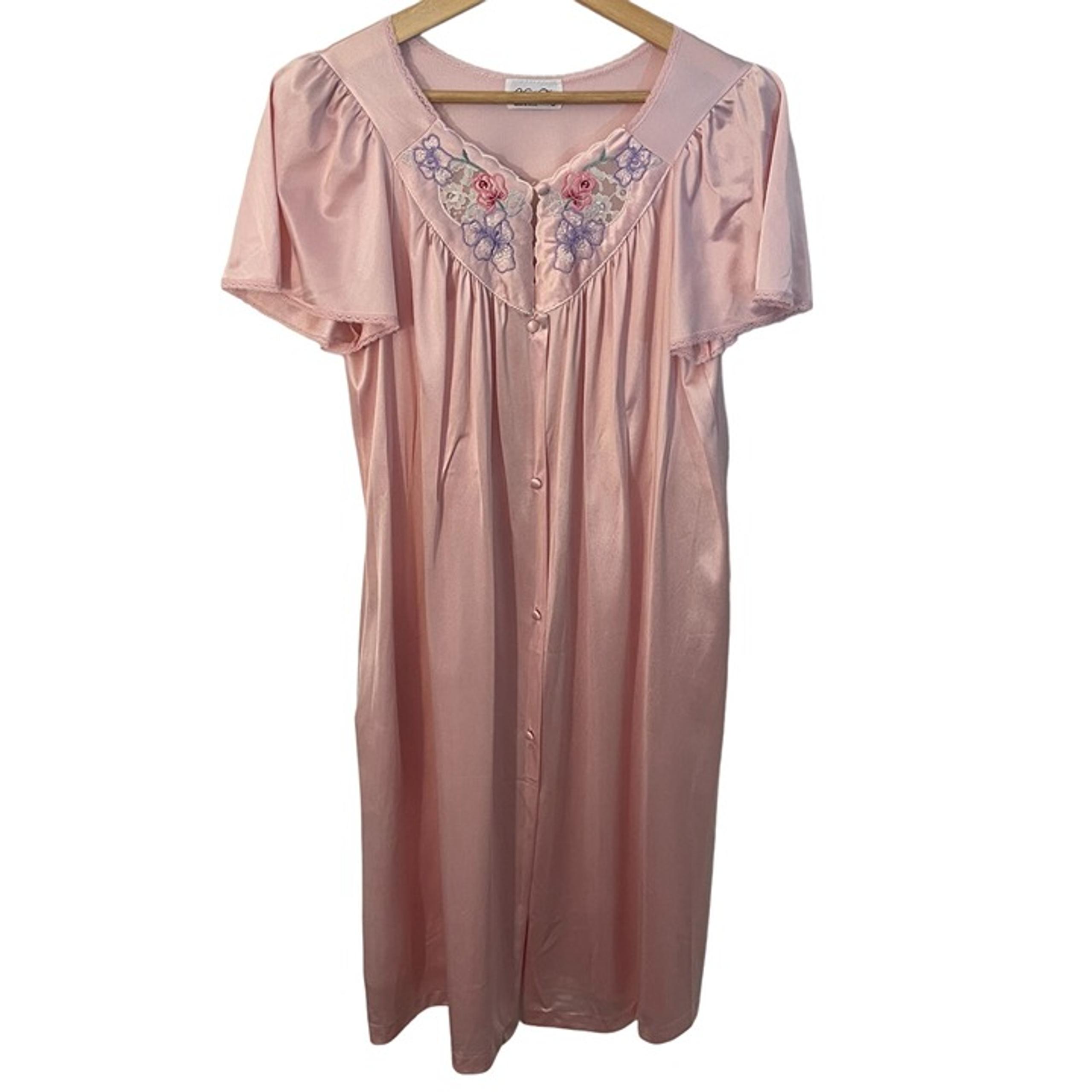 Vintage Vanity Fair Embroidered Lace Nylon Button Nightgown Robe Women S Pink