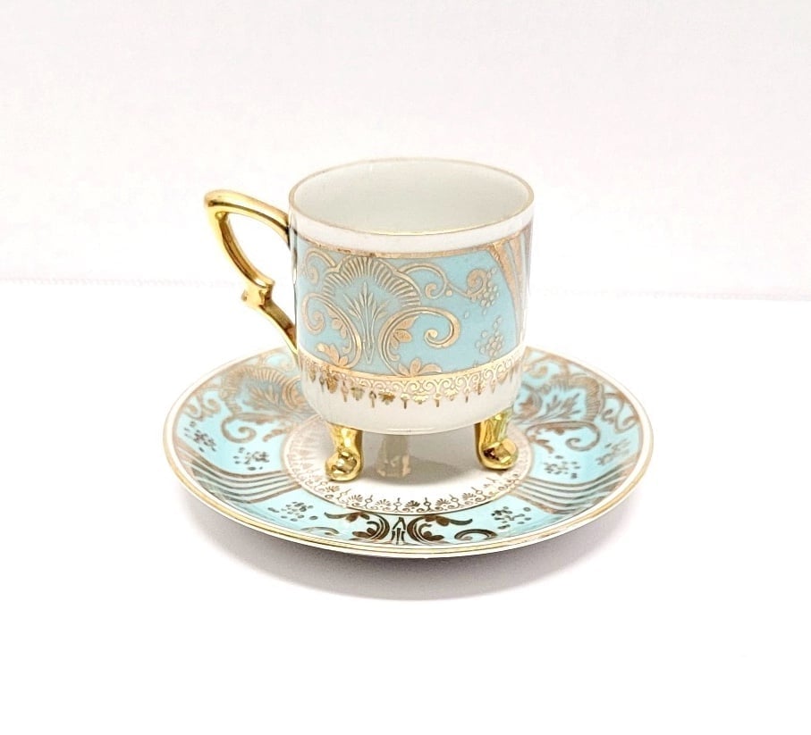 RARE Mitterteich Demicup Teacup & Saucer/Bavaria Germany/Teal/Gold/Hot Cocoa