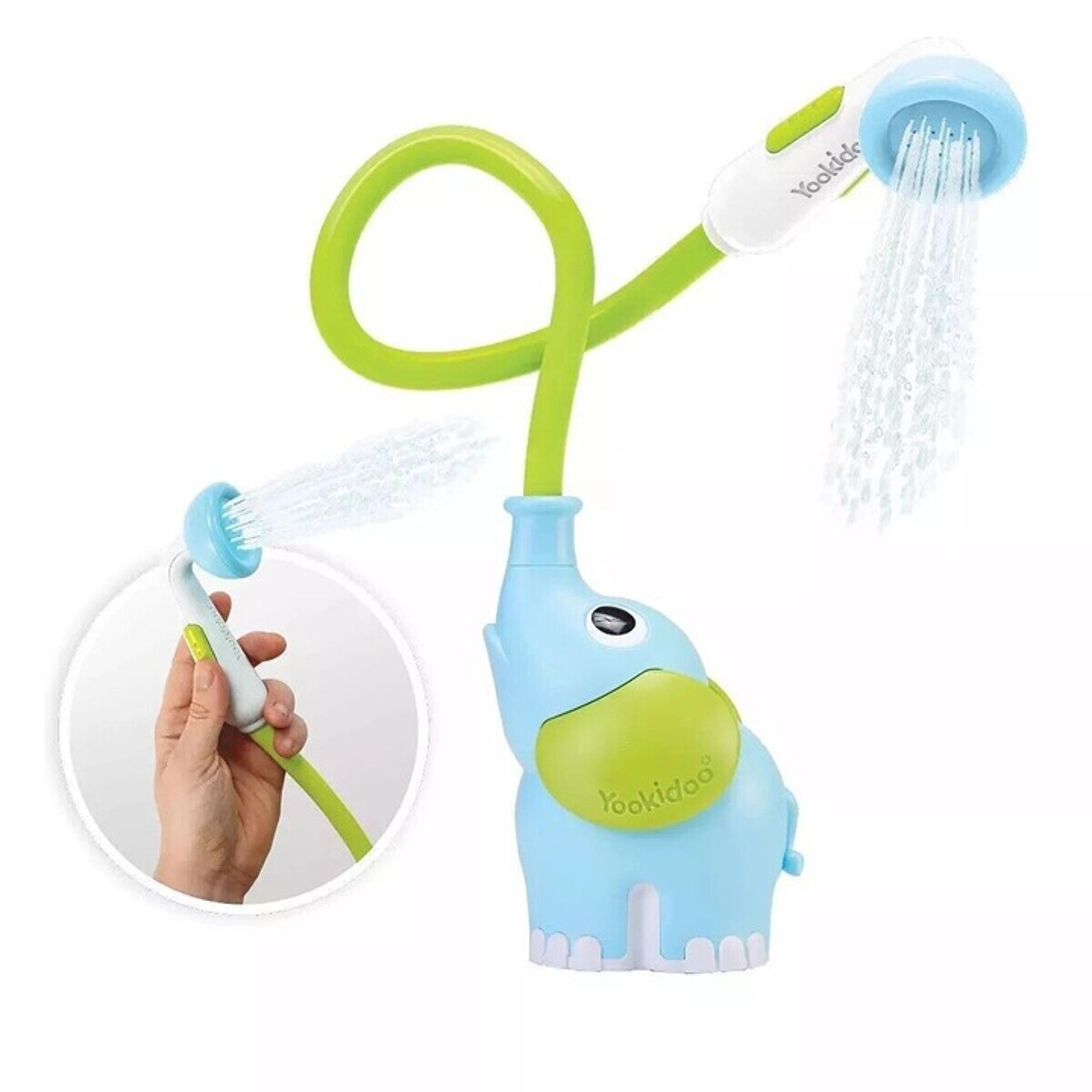 Yookidoo Baby Bath Shower Head Elephant Water Pump with Trunk Spout Rinser Blue