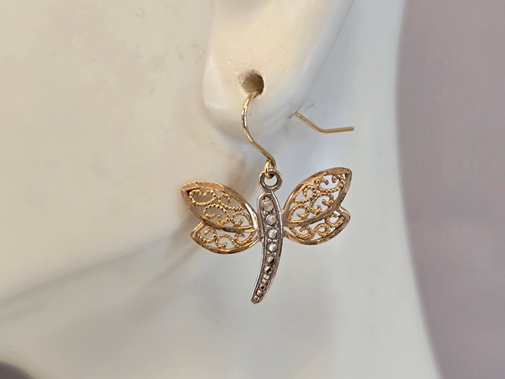 Pr Womens Vintage Estate 10K Multi Tone Gold Dragonfly Earrings, 1.3g E7560