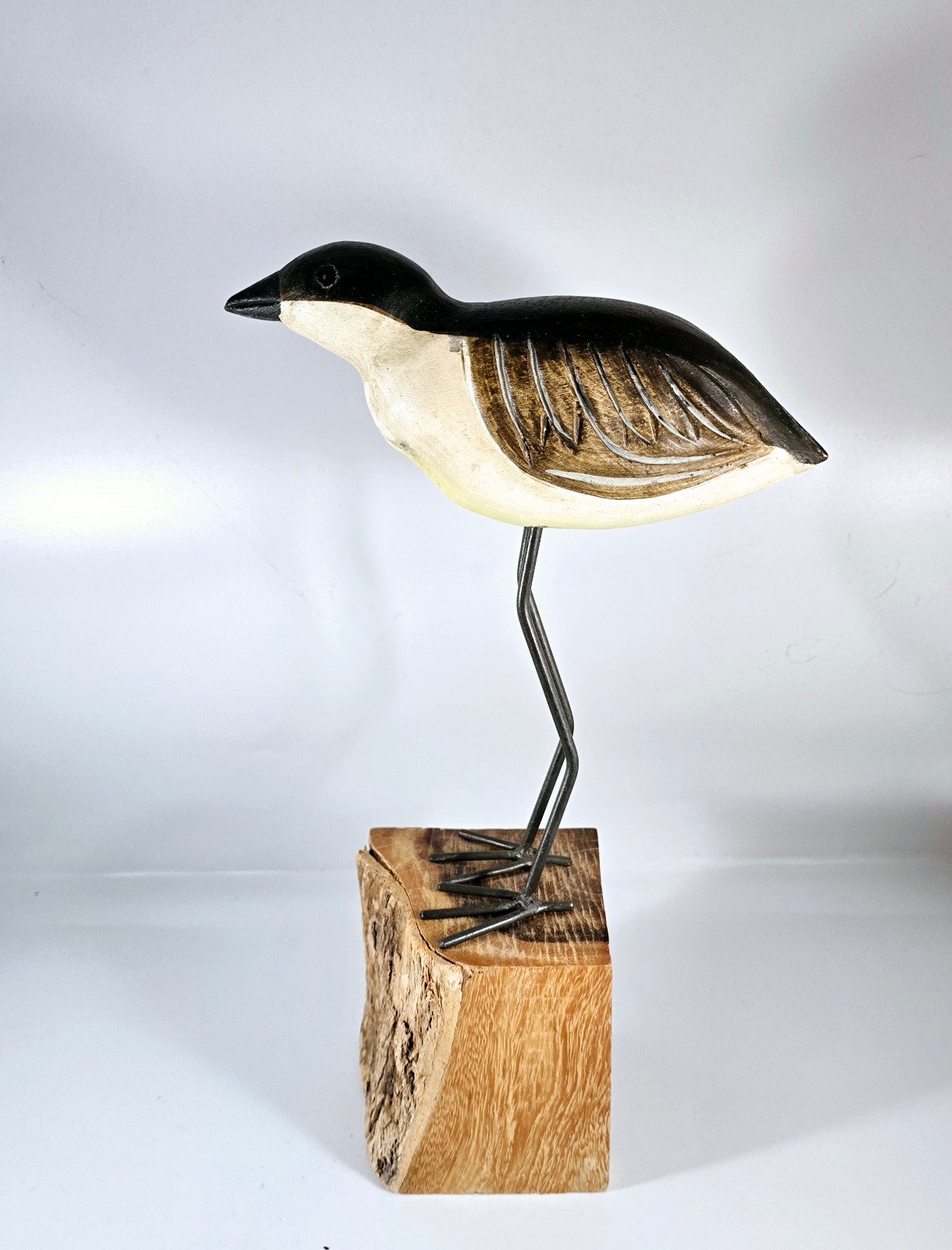 Vintage Hand-Carved Wood Sandpiper – Metal Legs on Driftwood Base – 13 Tall Coa