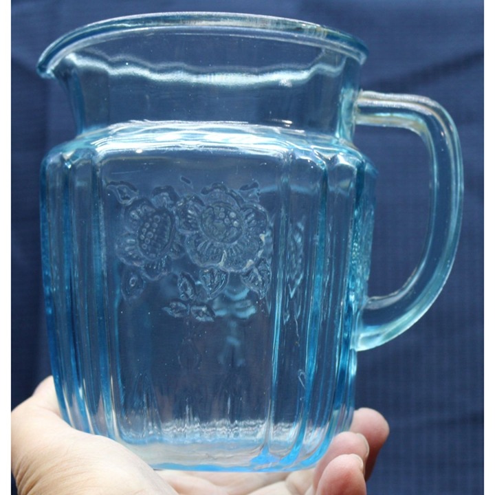 Rare 1930's Ice Blue Mayfair Open Rose Depression Glass 48 Oz Juice Pitcher-GLOW