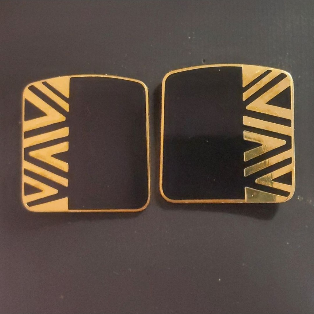 Laurel Burch Vintage 80s Signed NAITO Post Earrings Black Enamel Gold Cloisonne