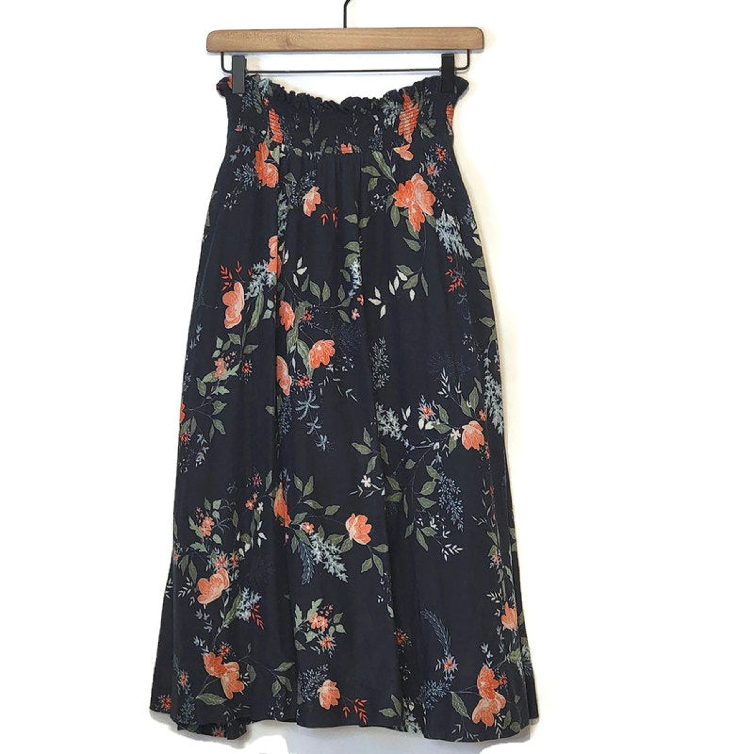 Michael Stars Floral Print Midi Skirt Flowy Boho Cottagecore Black Orange Blue S