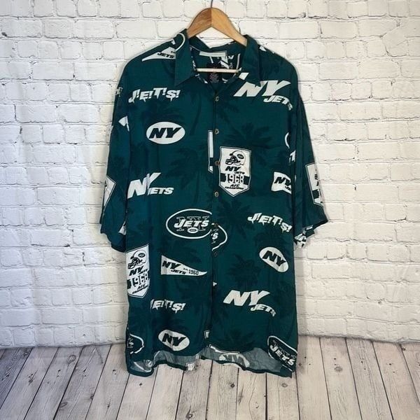 New York Jets All Over Print Rayon Button Front Logo NFL Green Size 3XL Mens