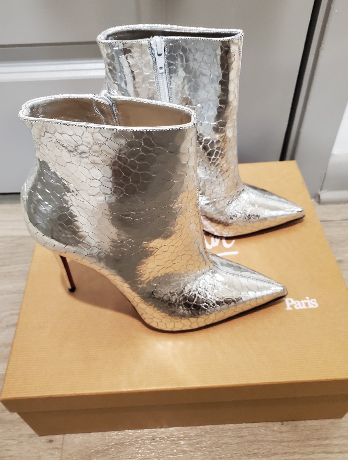Christian Louboutin So Kate 100 Silver Metallic Booties 38.5
