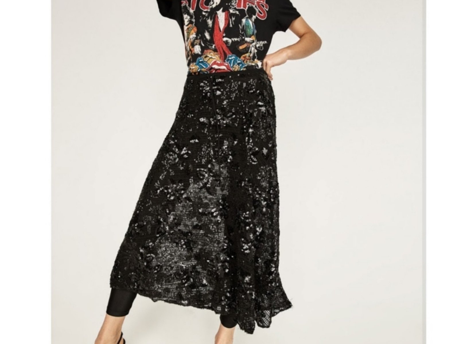 NWT Zara Black Sequin Pull On Midi Skirt Attached Black Leggings Size Medium
