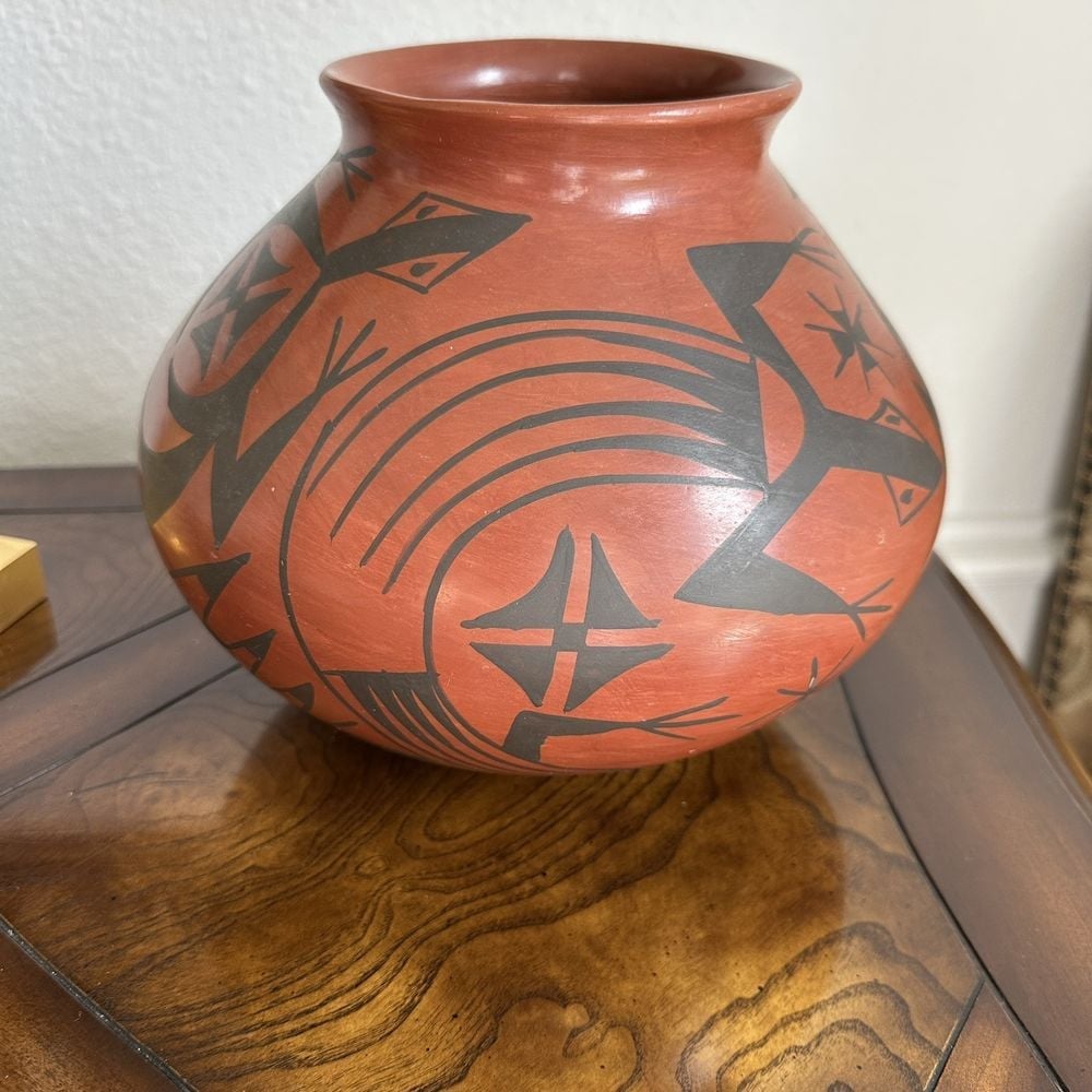 VTG Mata Ortiz Pottery Olla Vase Lizards Geometric Orange Black Signed 8 x 7