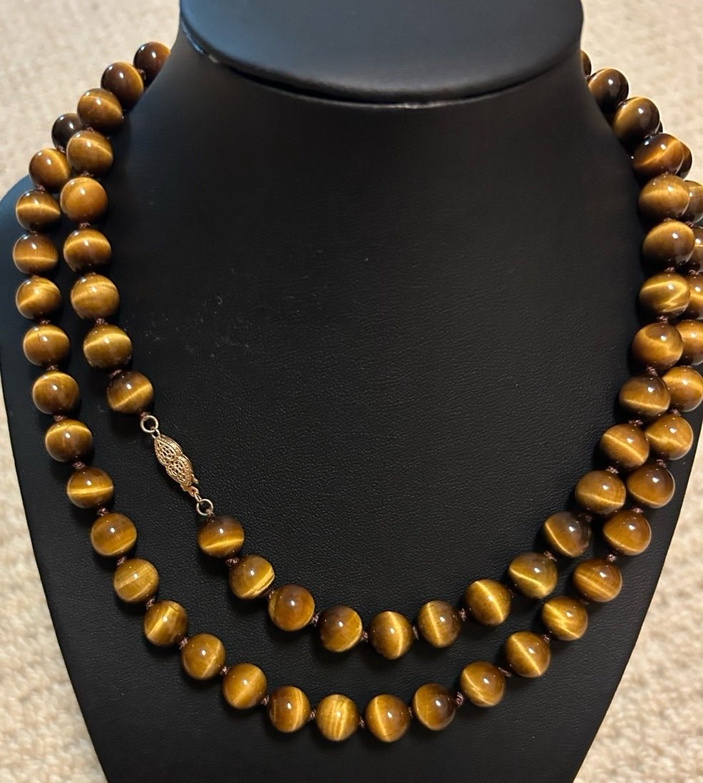 14K real solid yellow Gold clasp Tiger Eye double knot 36 Inch Necklace