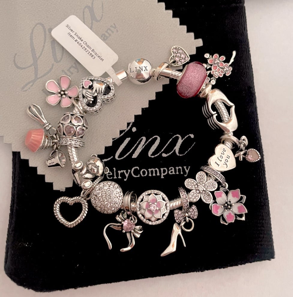 Linx Snake Chain Bracelet with Pink Themed Charms 925 sterling silver