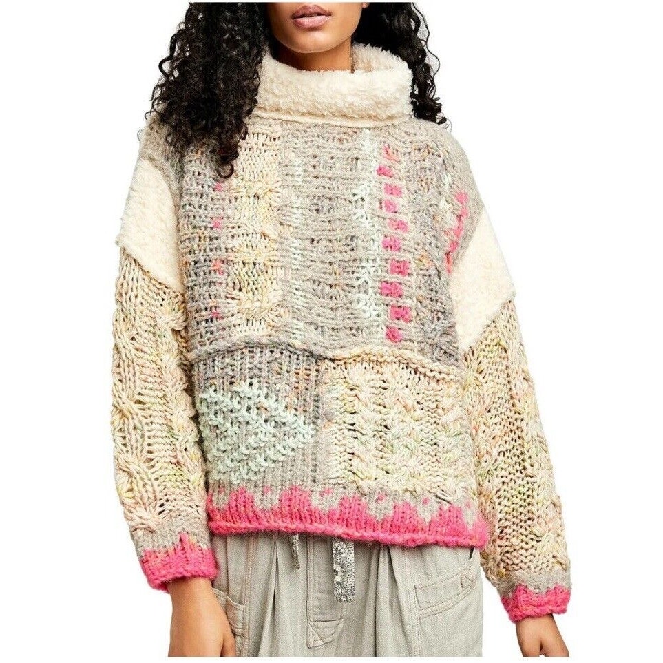 268 FREE PEOPLE Sz M SNOW HAVEN PATCHWORK & FAUX SHEARLING PULLOVER SWEATER
