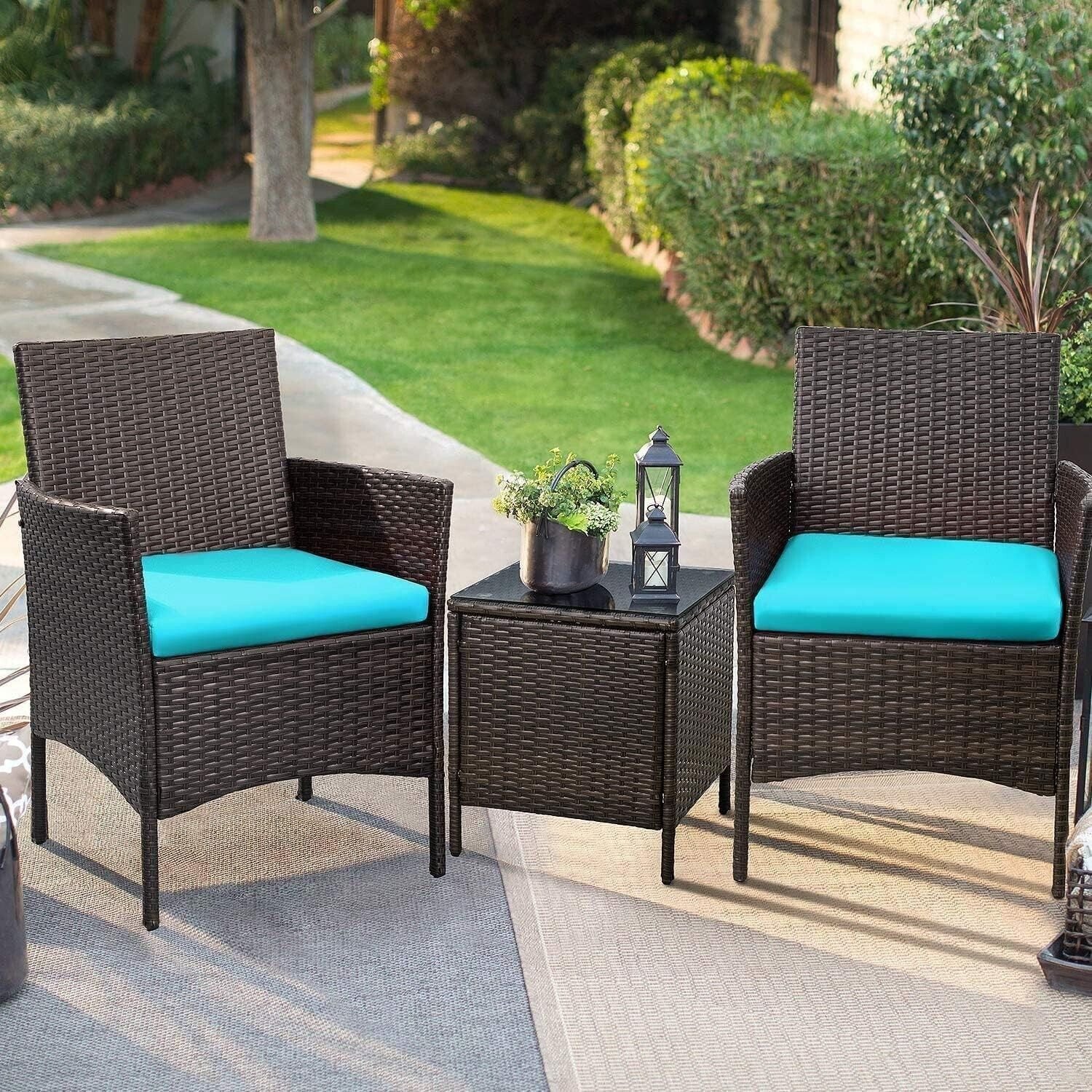 Brown Patio Table and Chairs Set with Teal Cushions