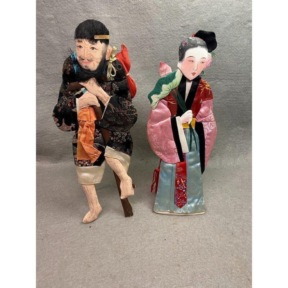 VTG 12 SILK ON CARDBOARD CHINESE IMMORTAL DOLLS (2) HO HSEIN KU & LI TIEN KUAI