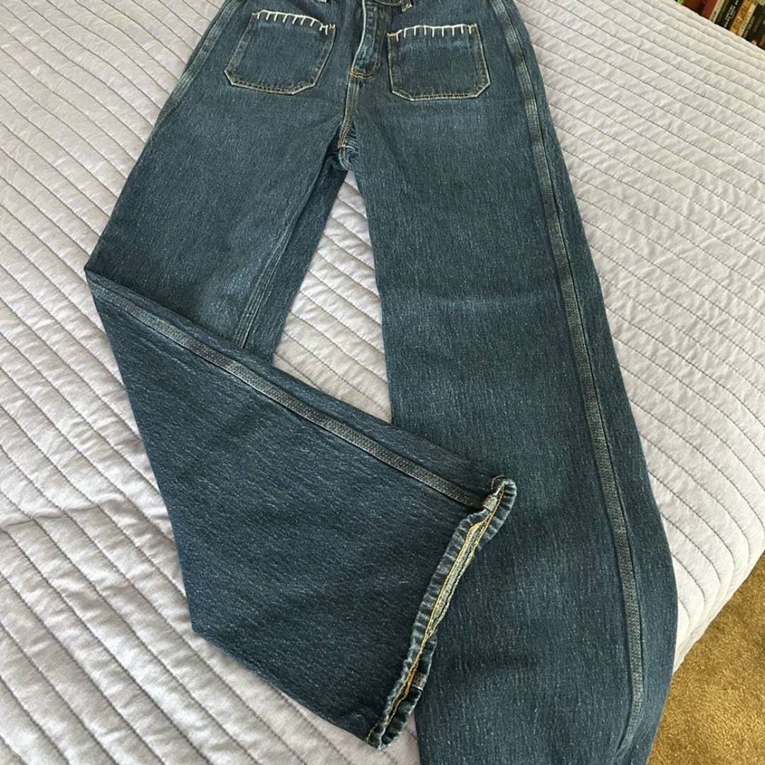 Seventy + Mochi for Anthropologie Blue Flare Wide Leg Jeans, Front Pockets, 27