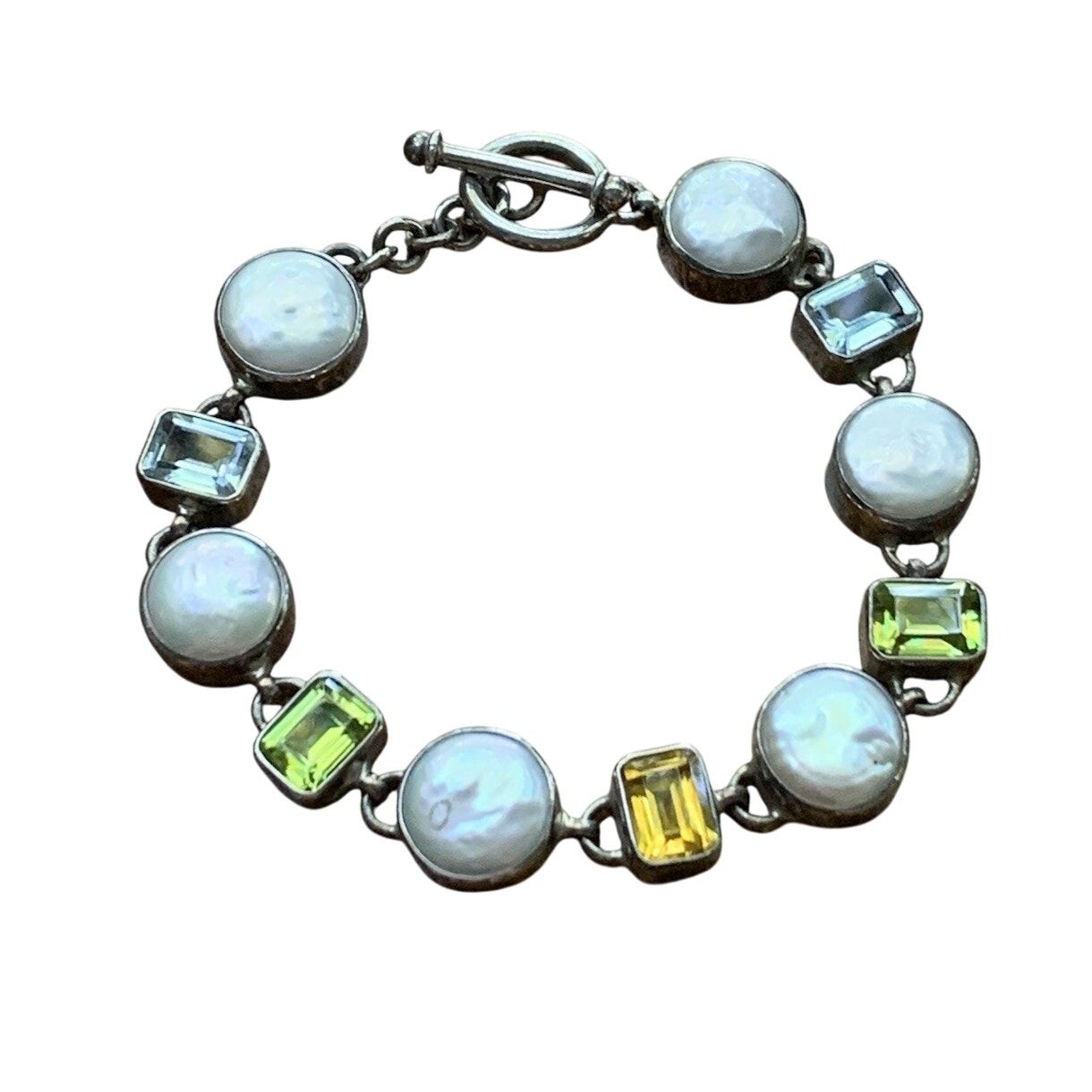 Sterling Silver Bracelet with Pearls, Citrine, Aquamarine and Peridot Stones