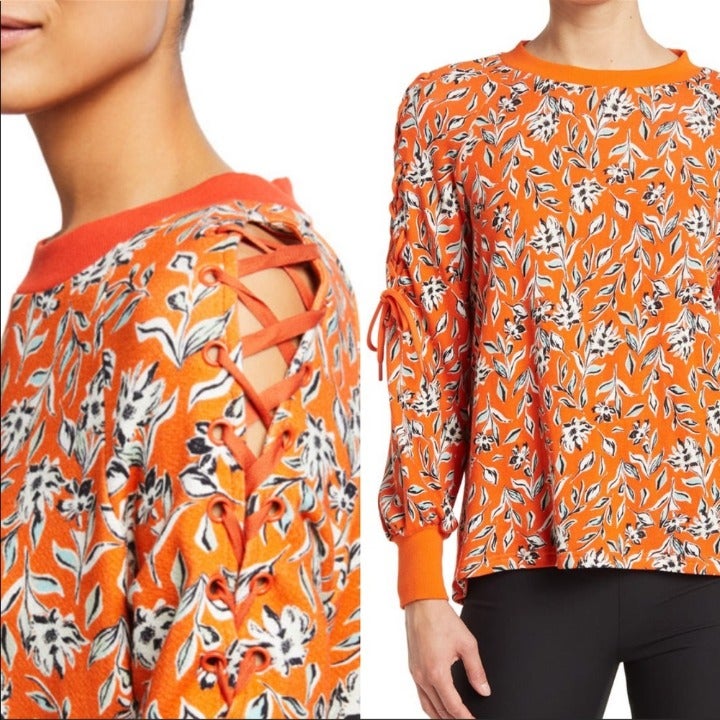 NWT ALICE + OLIVIA Charlotte lace-up floral-print terry sweatshirt size small