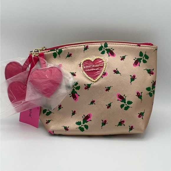 New Betsey Johnson Metallic Rose Printed Zip Pouch Clutch Case