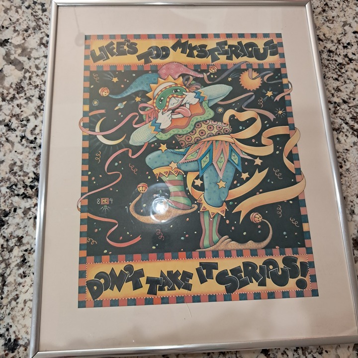 Mary Engelbreit framed art Print Life's Too Mysterious Jester clown Black