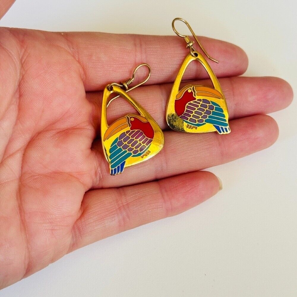 Laurel Burch Signed Earrings VTG Toucan Bird enamel Pierced Statement flashy 80s