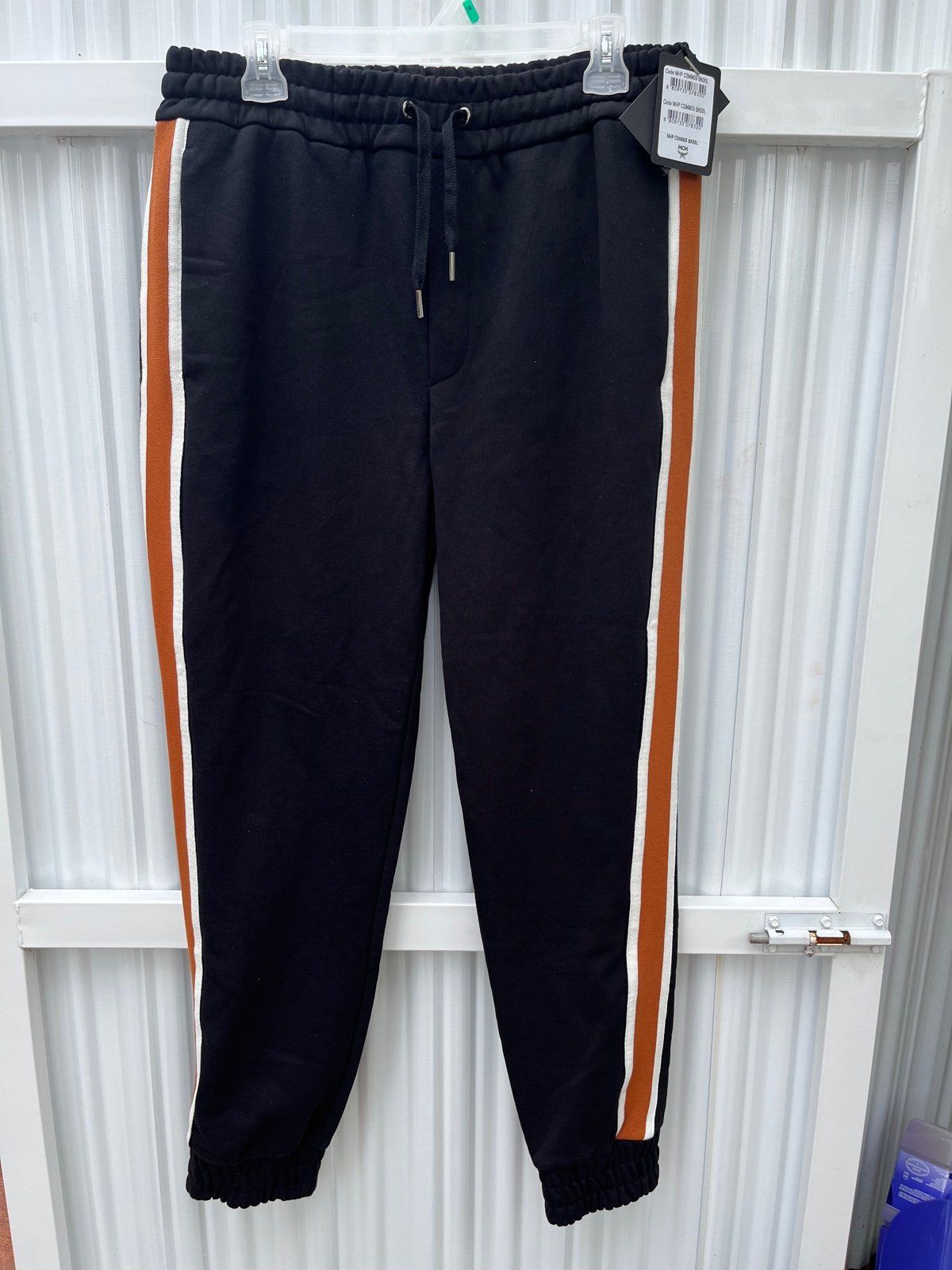 MCM Men's Classic Logo Fleece Sweatpants sz L Black Brown Stripe Organic Cotton