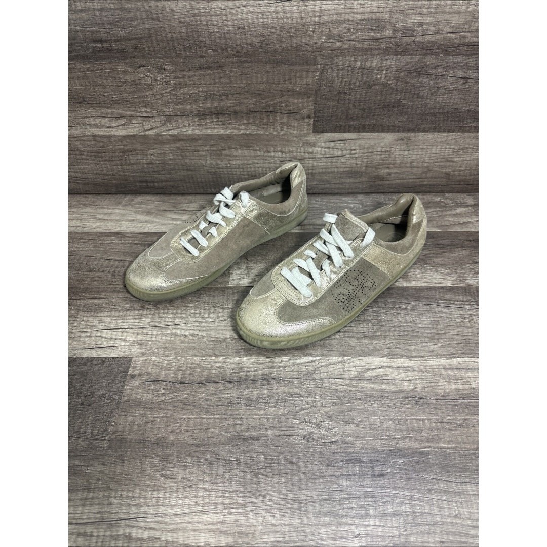 Tory Burch Mitch Beige Gold Suede Metallic Leather Sneaker Women's Sz 11 M