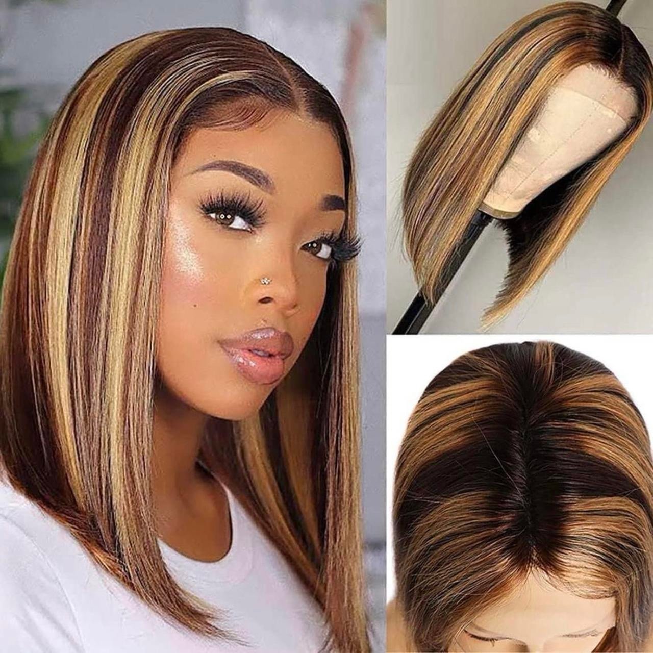 Lace front brown/blonde highlights straight middle part wig